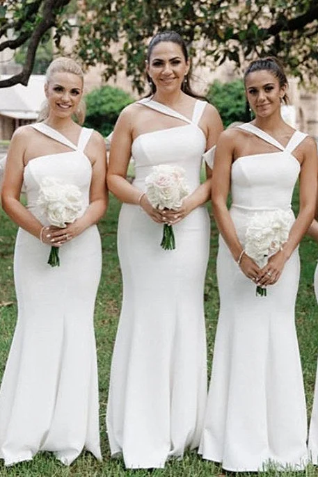 Special Price Simple Backless White Mermaid Long Bridesmaid Dress