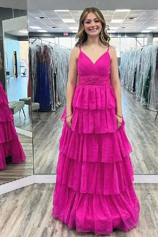 Great Deals Fuchsia V-Neck Chiffon Maxi Dress with Straps