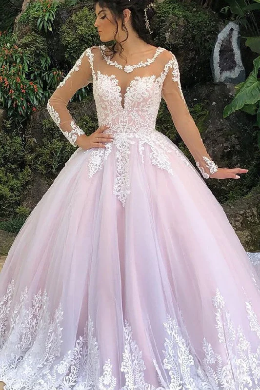 Exclusive Deal Princess Long Sleeves A-line Pink Wedding Dress with Lace