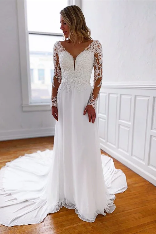 Low Prices Long Sleeves Sheath A-line White Wedding Dress with Lace