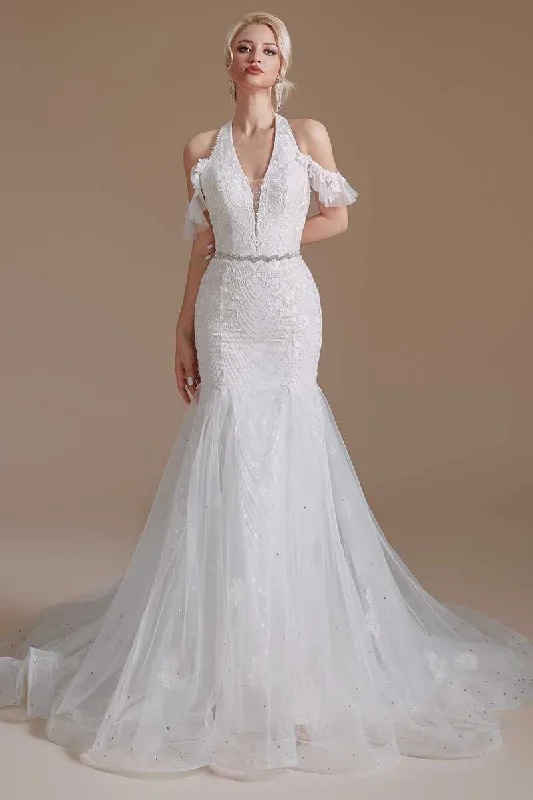 Exclusive Savings Halter White Lace Mermaid Wedding Dress with Detachable Sleeves