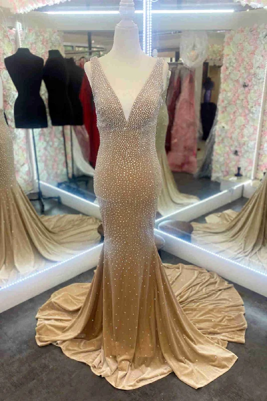 Deal Alert Mermaid Backless Gold V-Neck Beaded Long Prom Dress
