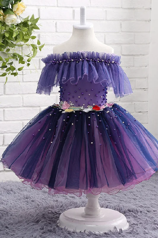 Online Only Cute Toddler A-line Off Shoulder Purple Flower Girl Dress