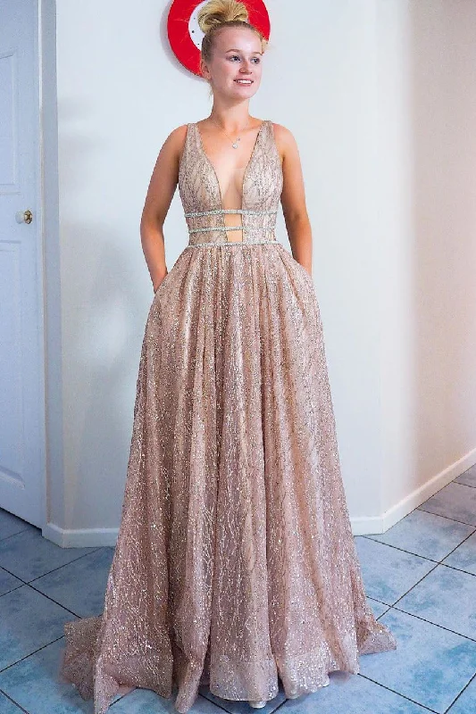 Act Now Sparkly A-Line Plunging Neck Pink Long Prom Dress with Pockets