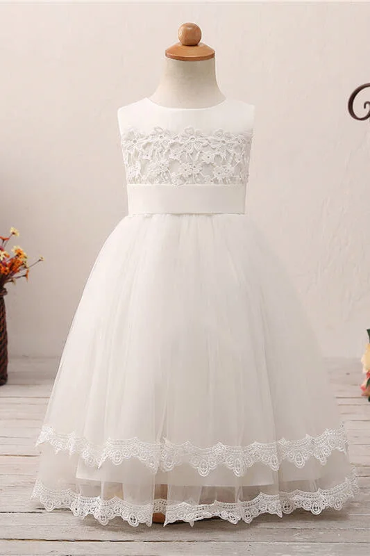 Anniversary Sale Cute Floral Appliques White Flower Girl Dress with Bow