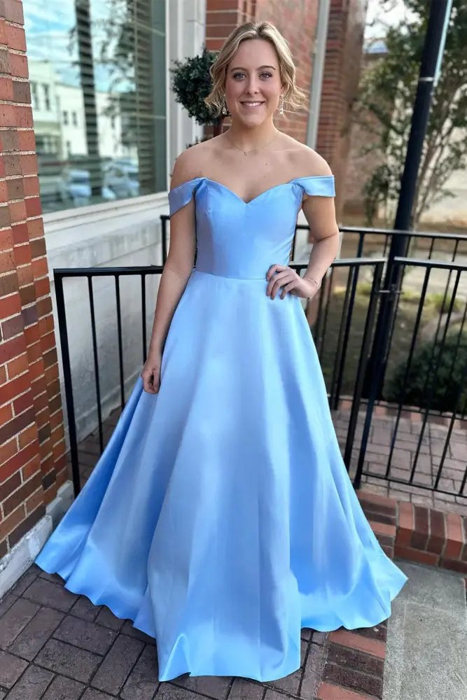 Unbeatable Prices Blue Satin A-Line Prom Dress with Off Shoulder