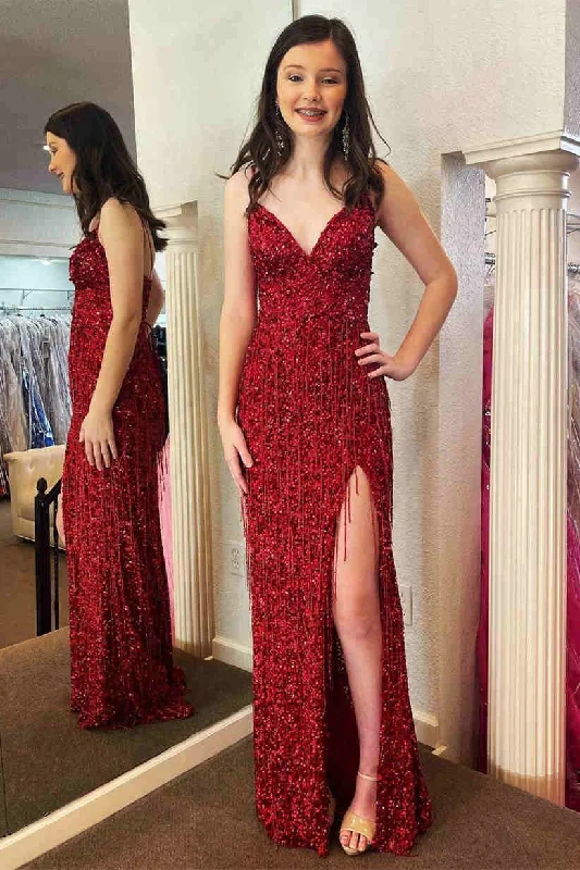 Friends and Family Sale Glitter Red V-Neck Long Prom Dress with Tassel