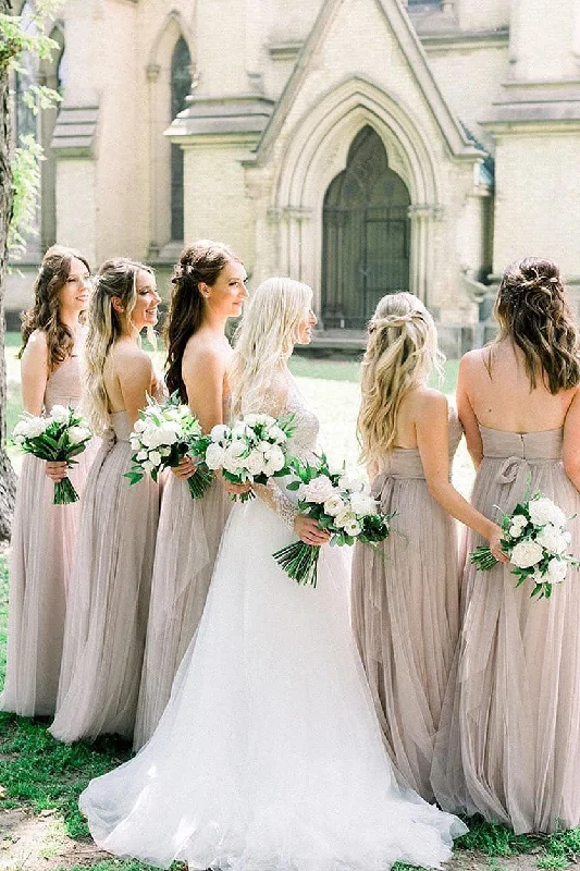 Can't Miss Bohemian Strapless Ruched Light Grey Bridesmaid Dress with Ribbon