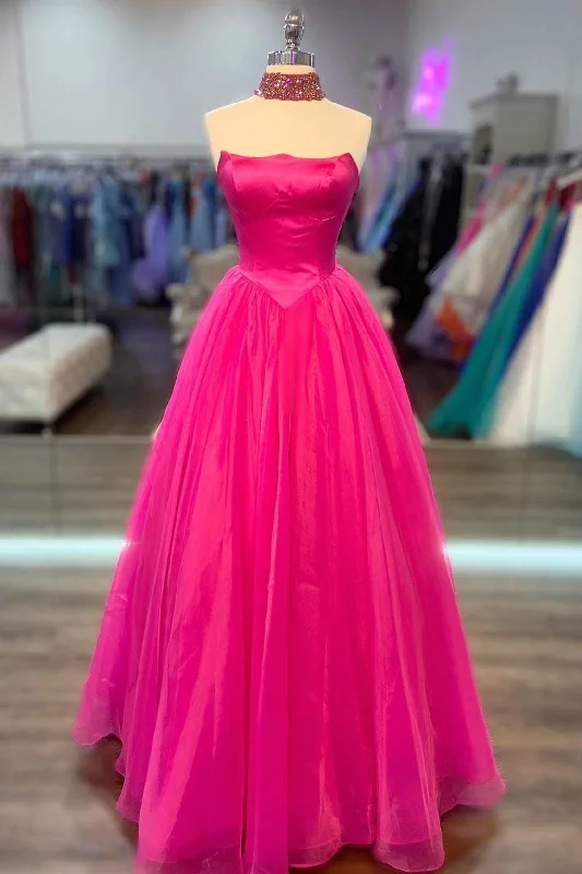 Price Smash Simple Hot Pink Strapless Tulle Prom Dress with Pockets