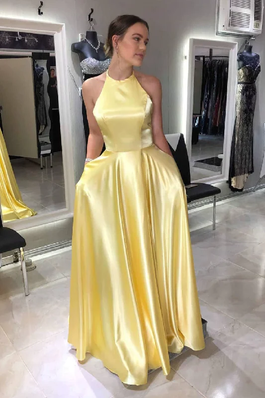 Massive Deals Halter Lace-Up Long Yellow Prom Dress with Pockets