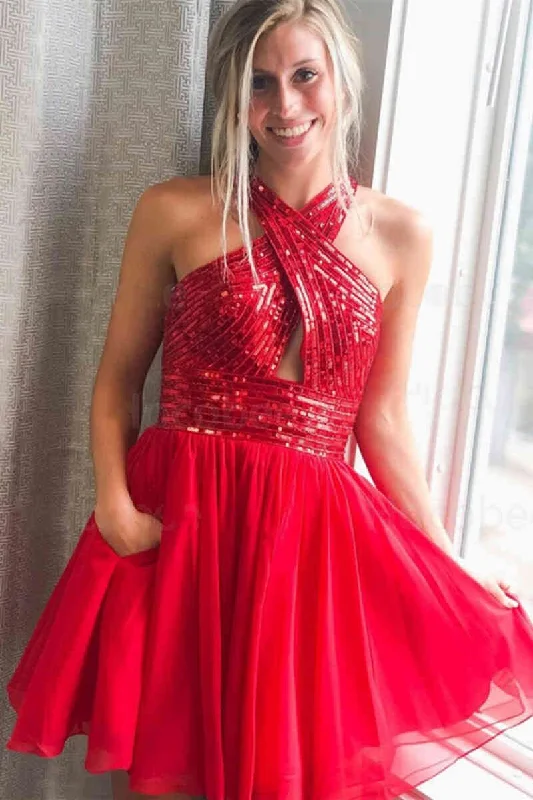 Online Exclusive Cross Front Top Red Sequined Homecoming Dress