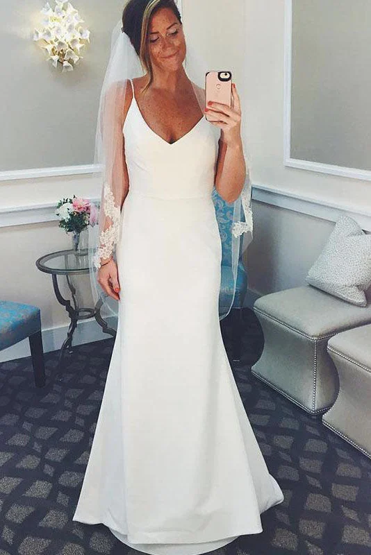 Overstock Long V-Neck Spaghetti Strap Mermaid Ivory Wedding Dress