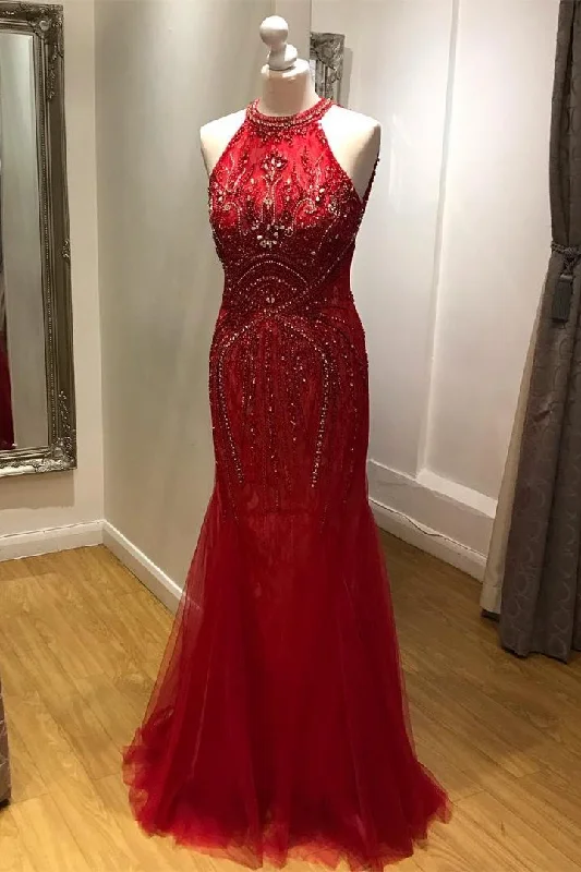 Hurry In Mermaid Halter Beaded Long Red Prom Dress