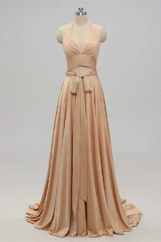 Shop and Save Backless Champagne Halter long Bridesmaid Dress