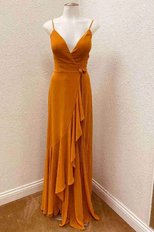 TIME-Limited Offer V-Neck Straps Pumpkin Ruffled Bridesmaid Dress