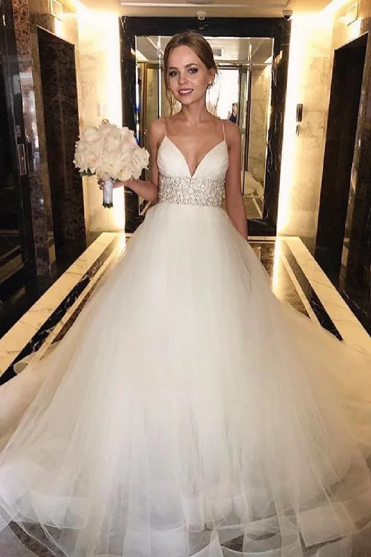 Take Advantage Long Spaghetti Straps A-line Empire White Wedding Dress with Beads
