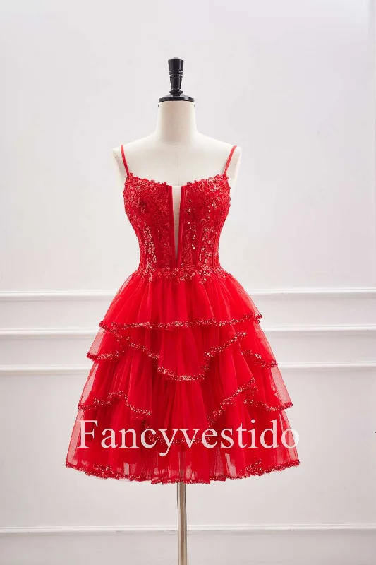Midnight Sale Straps Red Plunging Neck A-Line Tiered Homecoming Dress