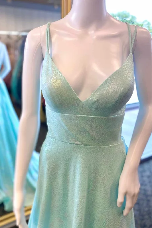 Price Break Glitter V-Neck Double Straps Mint Green Prom Dress
