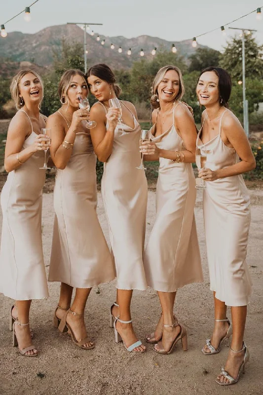 Unmissable Offer Spaghetti Straps Cowl Neck Tea-Length Champagne Bridesmaid Dress