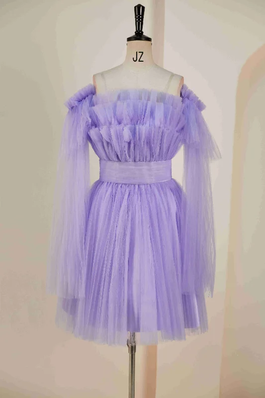 Markdowns Tiered Strapless Lavender Tulle Homecoming Dress with Removable Sleeves