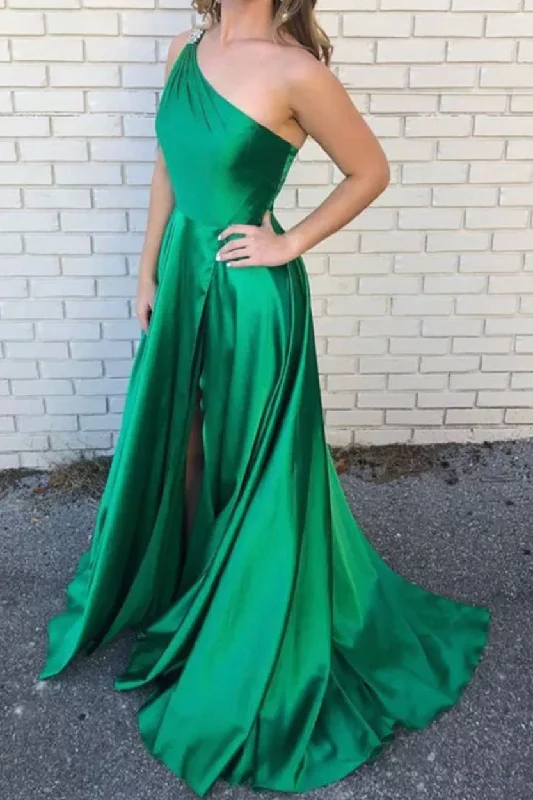 Midnight Sale Elegant A-Line One Shoulder Green Long Prom Dress