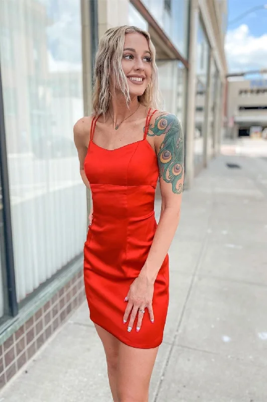 Last Chance Straps Tight Red Satin Homecoming Dress