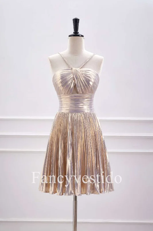Instant Savings Halter Champagne Metallic Keyhole Pleated A-Line Cocktail Dress