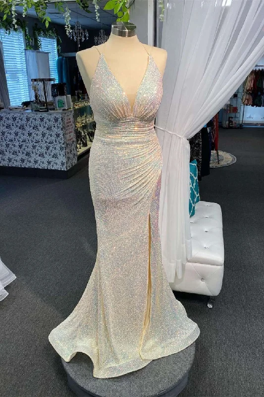 Fantastic Deals Plung V-Neck Ivory Mermaid Prom Dress with Slit