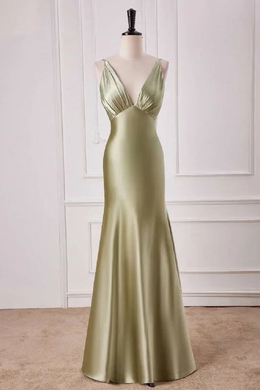 Massive Deals Straps Sage Empire Waist Pleated Satin Maxi Dress