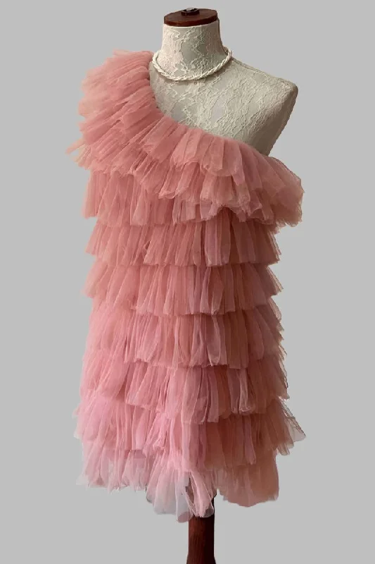 Super Savings One Shoulder Layered Tulle Bodycon Short Party Dress
