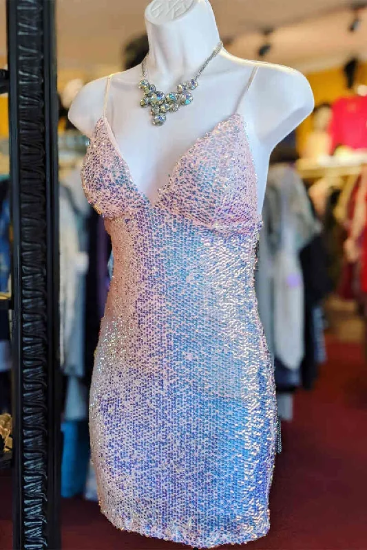 Price Reduction Straps Pink Sequins Tight Homecoming Dress