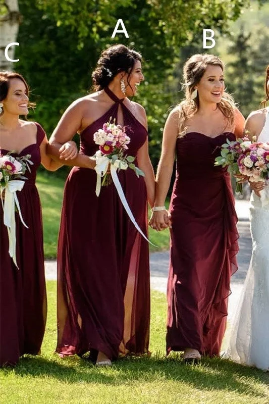 Closeout Sale Mismatched Long Burgundy Chiffon Bridesmaid Dress