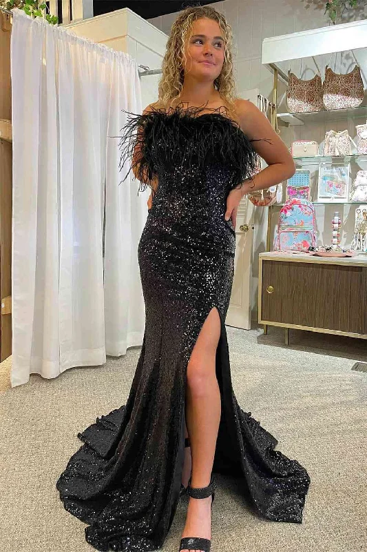Discount Deals Black Strapless Feathers Long Prom Dress with Slit