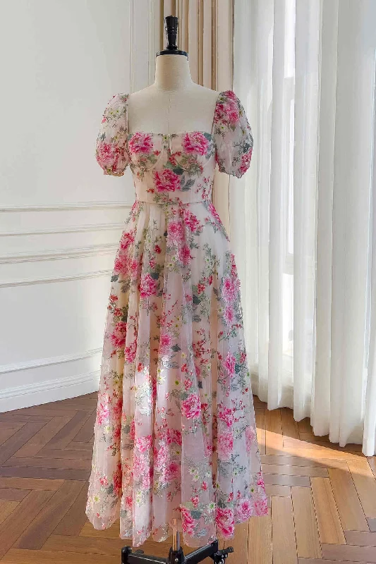 Bargain Prices Square Neck Hot Pink Floral Embroidery Tulle Prom Dress
