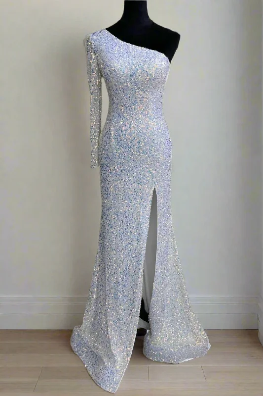 Can't Be Beat One Shoulder White Sequins Long Prom Dress with Slit