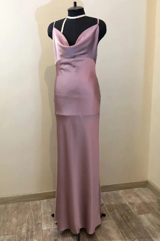 Exclusive Access Dusty Purple Cowl Neck Satin Long Bridesmaid Dress with Slit