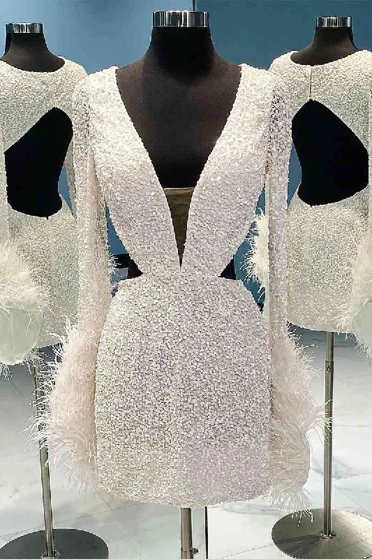 New Deals Short White Cutout Sequins Mini Homecoming Dress with Feather