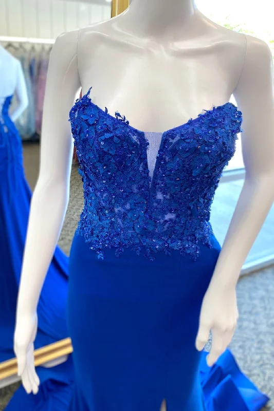 Flash Sale Royal Blue Satin Appliques Strapless Mermaid Long Prom Dress with Slit