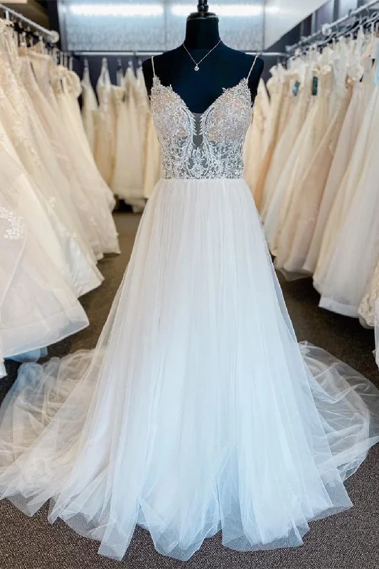 Shop and Save White A-Line Wedding Dress with Sheer Lace Bodice