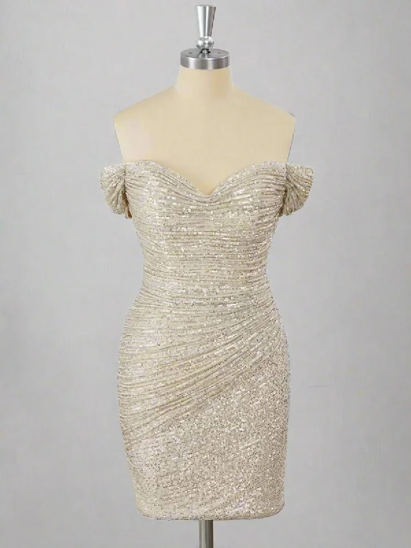 Weekend Deal Off the Shoulder Sliver Sequin Ruched Mini Homecoming Dress