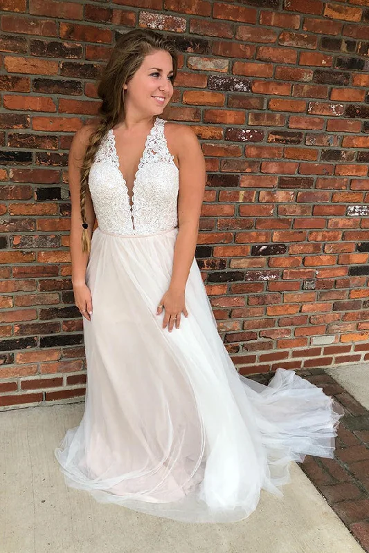 Sneak Peek Sale Long A-line Halter Ivory Bridal Dress with Lace