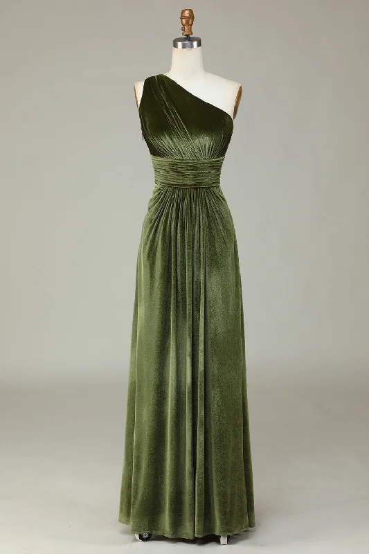 Price Rollback One Shoulder Olive Green Pleated Velvet Bridesmaid Dress