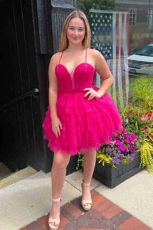 Mega Sale Straps Fuchsia Tulle Tiered A-Line Homecoming Dress