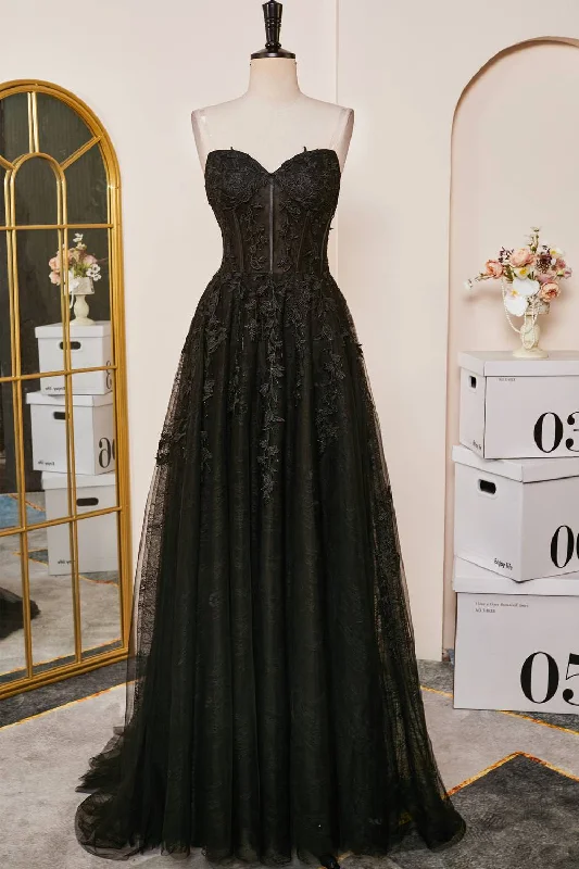 Overstock Sweetheart Black Corset Lace-Up Long Prom Dress with Appliques