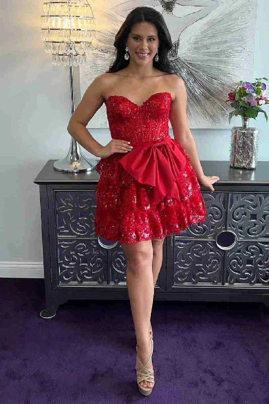 Extra Discounts Red Corset Sequin Appliques Short Party Dress with Bow