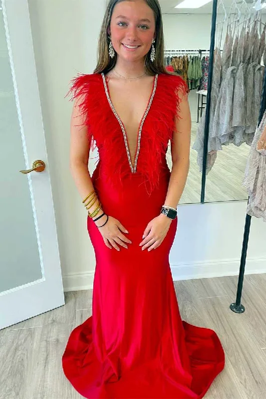 Massive Deals Mermaid Plunging V-Neck Red Feathers Long Prom Dress