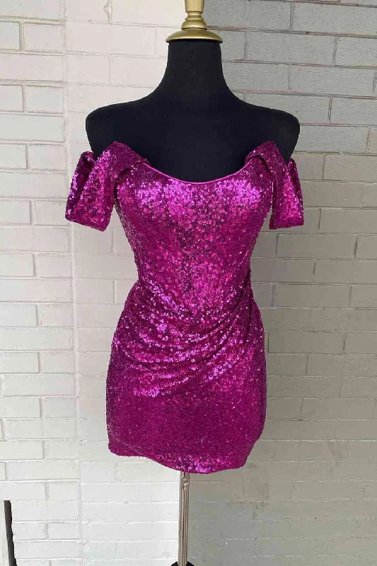 Sale Event Fitted Off the Shoulder Fuchsia Sequined Mini Homecoming Dress