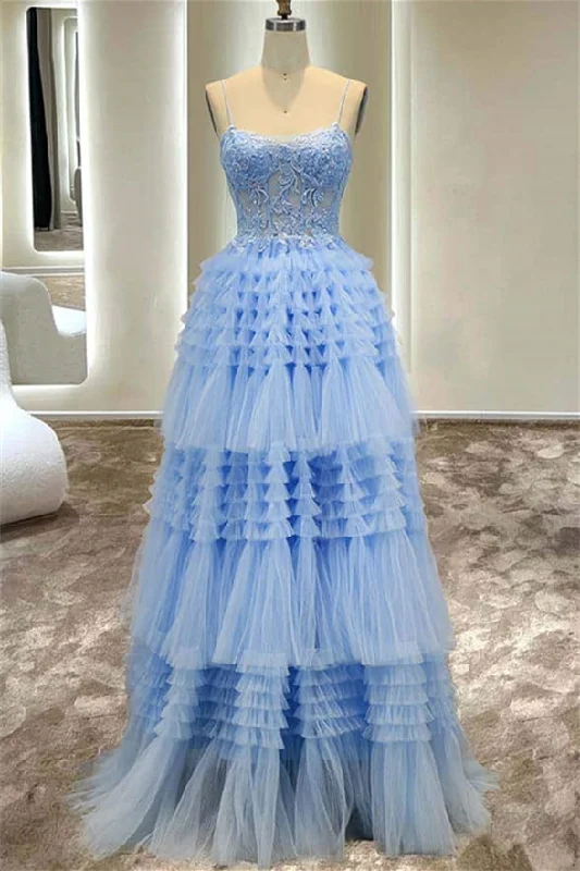 Bargain Bin Light Blue Lace-Up Appliques Multi-Layers Tulle Long Prom Dress