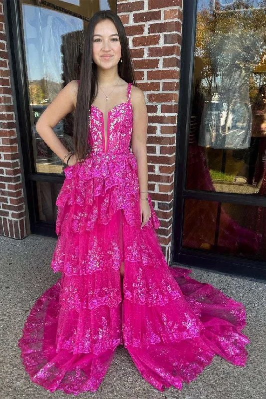 YEAR-End Sale Straps Fuchsia Sequin Layered Formal Dress with Slit