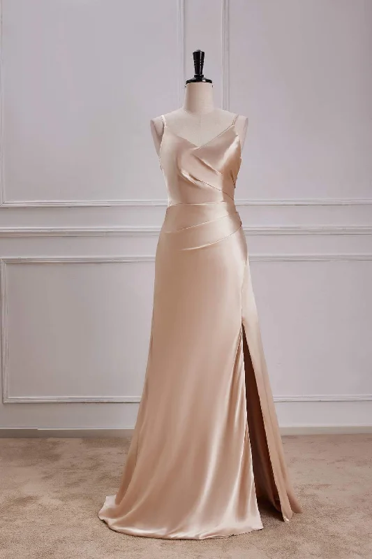 Overstock Sale V-Neck Champagne A-Line Bridesmaid Dress with Slit
